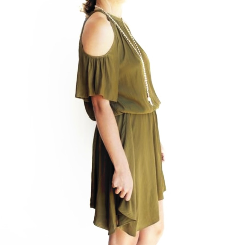 Ramy Brook Olive Cold Shoulder Handkerchief Hem Mini Dress - Picture 5 of 10